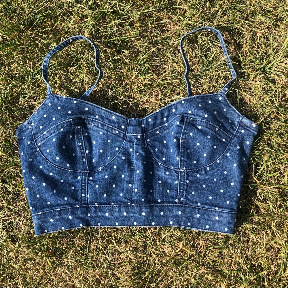 Vintage Garage Blue Denim Polka Dot Crop Cami